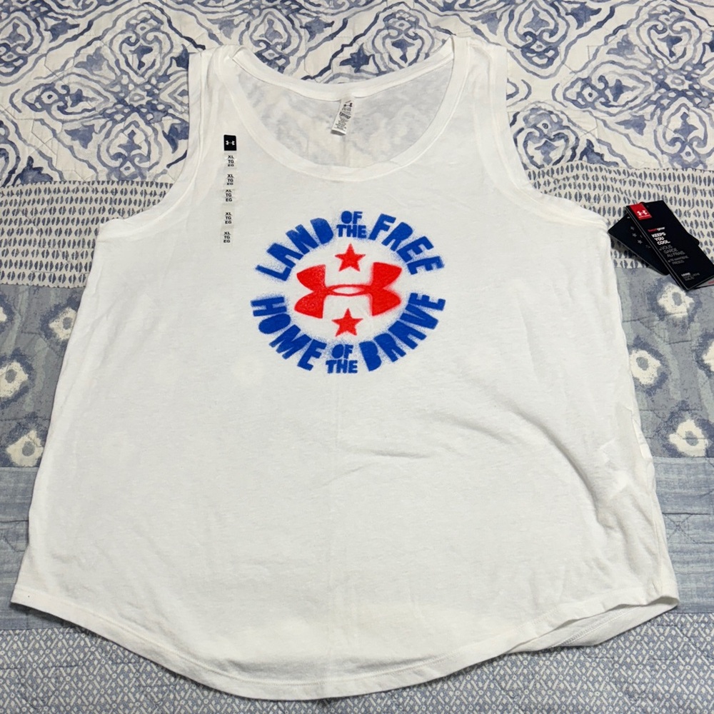 Under Armour Women's White Tank Top with Red and Blue Graphic